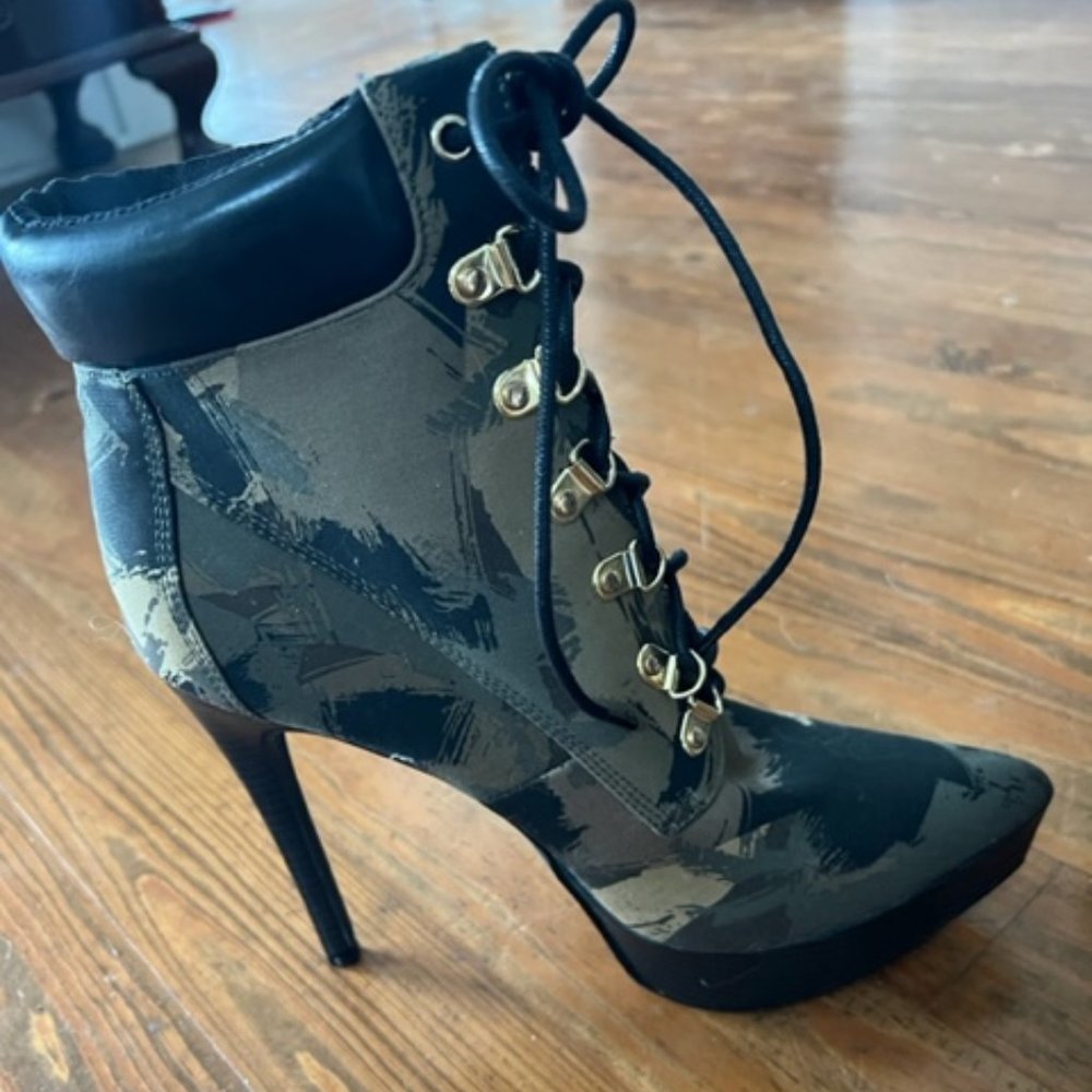Dark Green Camouflage  Round Toe Lace-up Ankle Boots